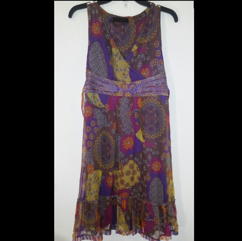 100% Silk Sandro Ferrone Colorful Fairy Print Dress Size Small▪
